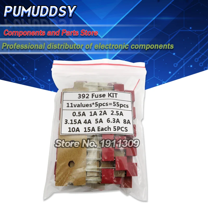 55PCS/Set Square Plastic Fuse Assortment Kit 392 0.5A 1A 2A 2.5A 3.15A 4A 5A 6.3A 8A 10A 15A 250V Fuses Slow Blow Tube Fuse set