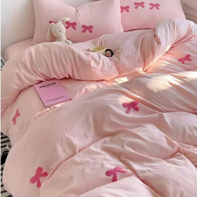 4pcs Solid Color Washed Cotton Four Piece and Bow Embroidery Duvet Cover Sheet Duvet Cover Pillowcase Four Piece Set Bedding Set