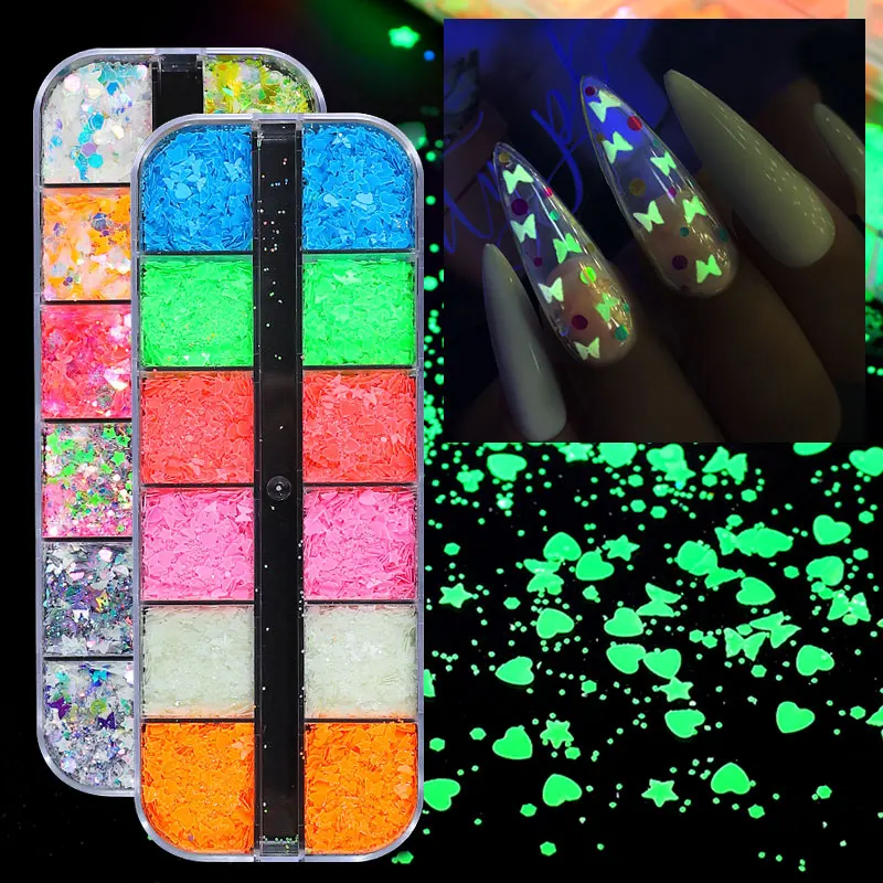 Luminous Butterfly Heart Star Various Shapes Nail Art Sequins Glow in the Dark Neon Nail Glitter Flakes DIY Manicure Decorations