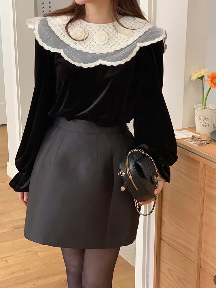 Chic terciopelo largo Sve muñeca Collar 3D bordado Floral versátil mujer Top dulce Ele Sle otoño nueva llegada