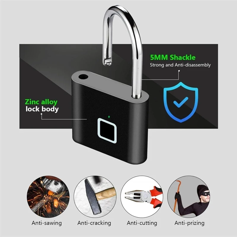 Smart Fingerprint Padlock Keyless Waterproof Zinc Alloy Biometric Padlocks USB Charging Fingerprint Lock Anti-theft Door Lock gallery 2