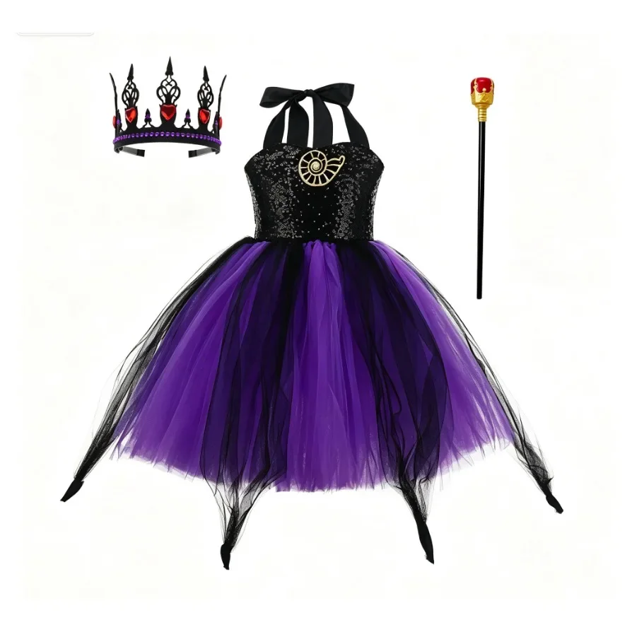 European Style Evil Purple-Black Sequin Witch Halter Tulle Tutu Dress Halloween Princess Party With Crown Headband Wand Outfit