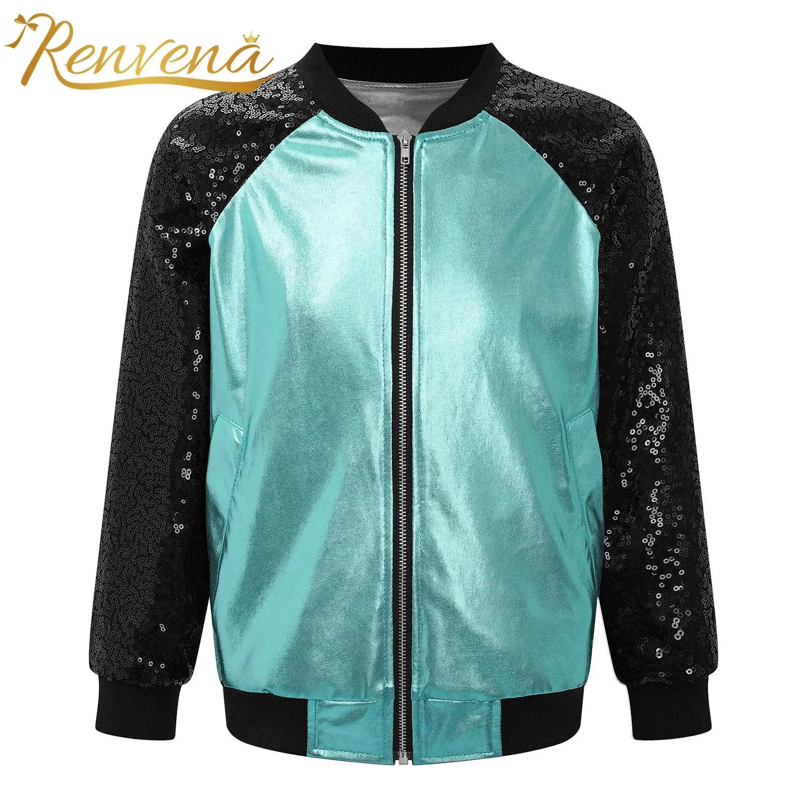 Fashion Kids Girls Shiny Sequins Coat Outerwear Long Sleeve Jackets Zipper Metallic Jacket for Girl Children Jazz Dance Costume