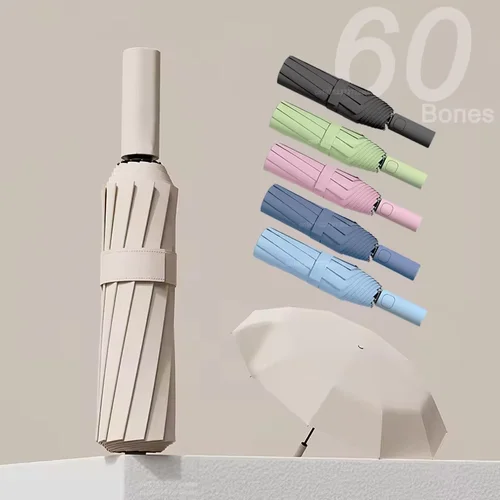 Paraguas Automático de 60 Varillas, Color Sólido, Ligero, Plegable, de Gran Formato, Impermeable, con Protección UV para Exteriores