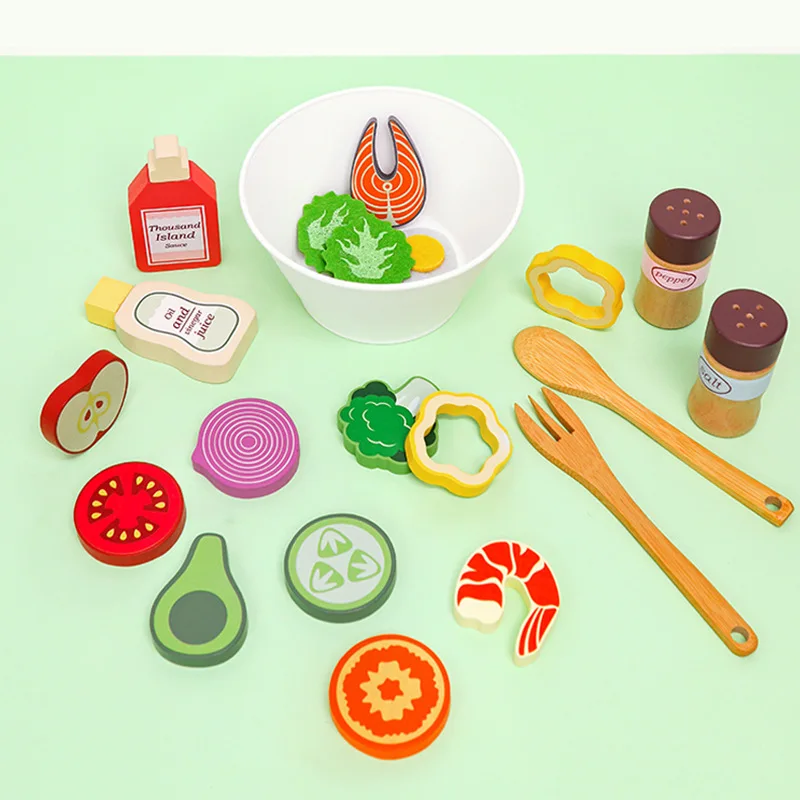 Simulation Kitchen Wooden Pretend Play Toys for Children Salad Vegetable Fruit Cognition Montessori Educational Toys