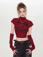 New Y2k Red Tops for Women Vintage 2000s Aesthetic Kpop T-shirts Grunge Korean Long Sleeve Gyaru Streetwear Harajuku Acubi