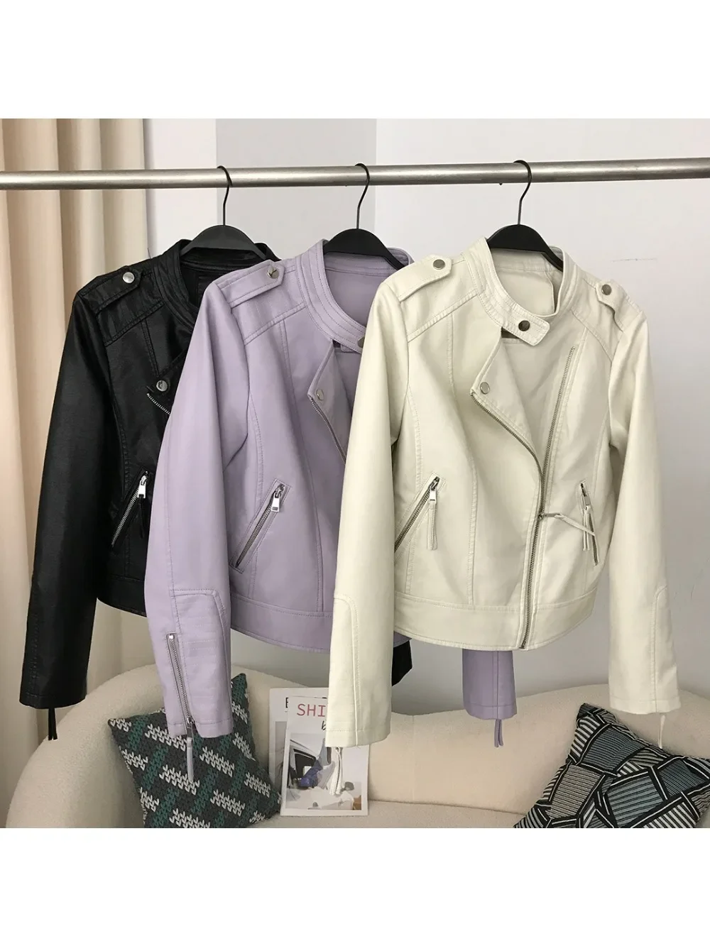 Lady\'s Coat Trend Stand Collar Slim Zipper PU Leather Simple Cropped Leather Jacket for Women Spring Autumn Motorcycle Jackets