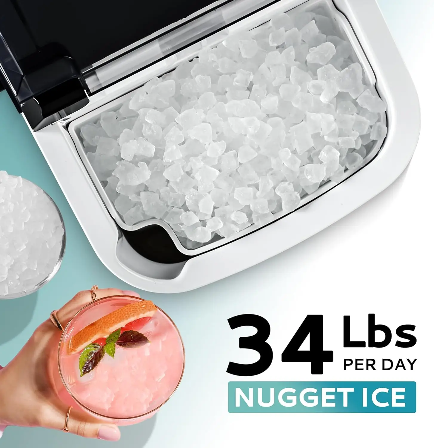 Encimera para hacer hielo Nugget con asa, lista en 6 minutos, 34 libras por día, cubierta superior extraíble, limpieza automática, hijo portátil