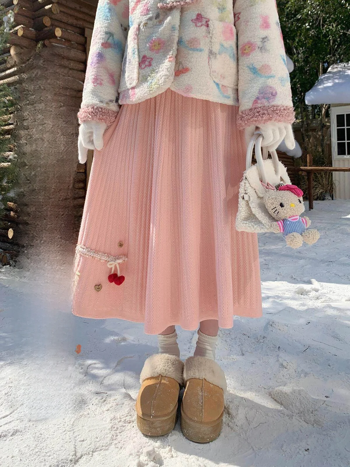 

Вязаная юбка Bibibency средней длины с милым бантом, осенне-зимняя, молодежная, А-силуэт, женская, милая, вязаная, средней длины