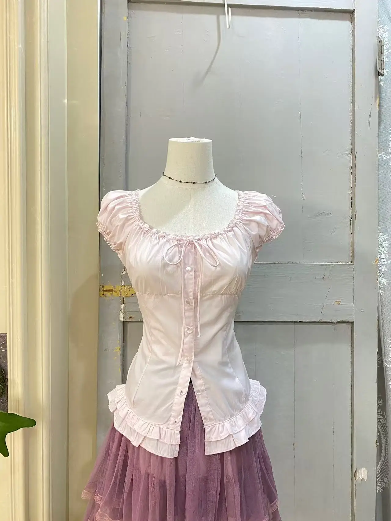Japanese Vintage Drawstring Round Neck Short Sleeve Shirt Elegant Single-breasted Slimming Basic Top Pink Princess Lolita Shirts
