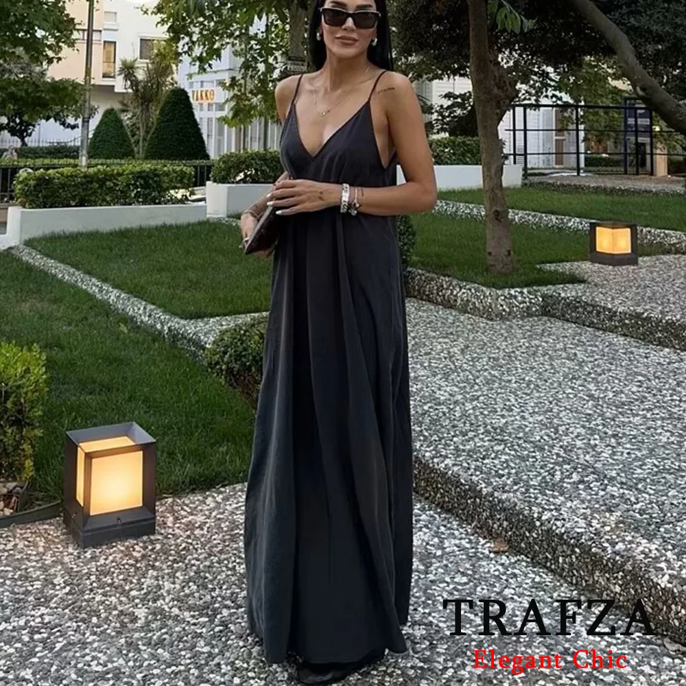 TRAFZA-Robe mi-longue vintage à col licou pour femme, camisole flottante, monochromatique, fête sur la plage, vacances, robe de soirée, mode, indépendant, été, 2024