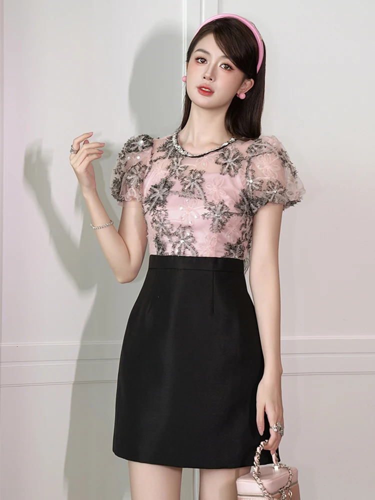 Celebrtiy Sweet Prom Dress Women's Exquisite Pink Bright Shiny Sequins Sheer Lace Mesh Fake 2 Piece Gown Birthday Party Vestidos