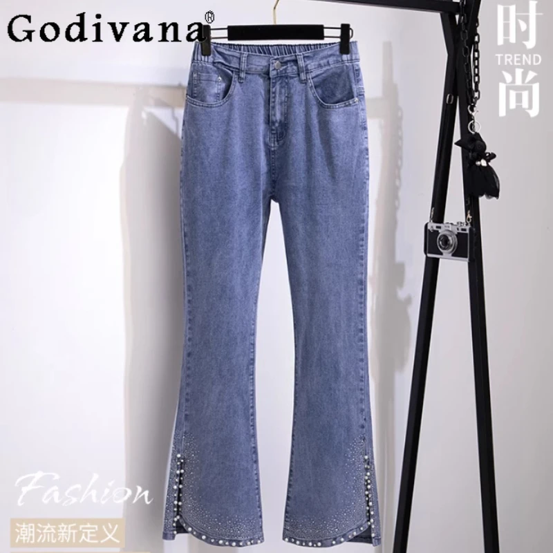 

Большой размер, женские свободные модные джинсы с высокой талией и высокой талией, свободные длинные джинсы, корейские универсальные весенне-осенние синие брюки с разрезом