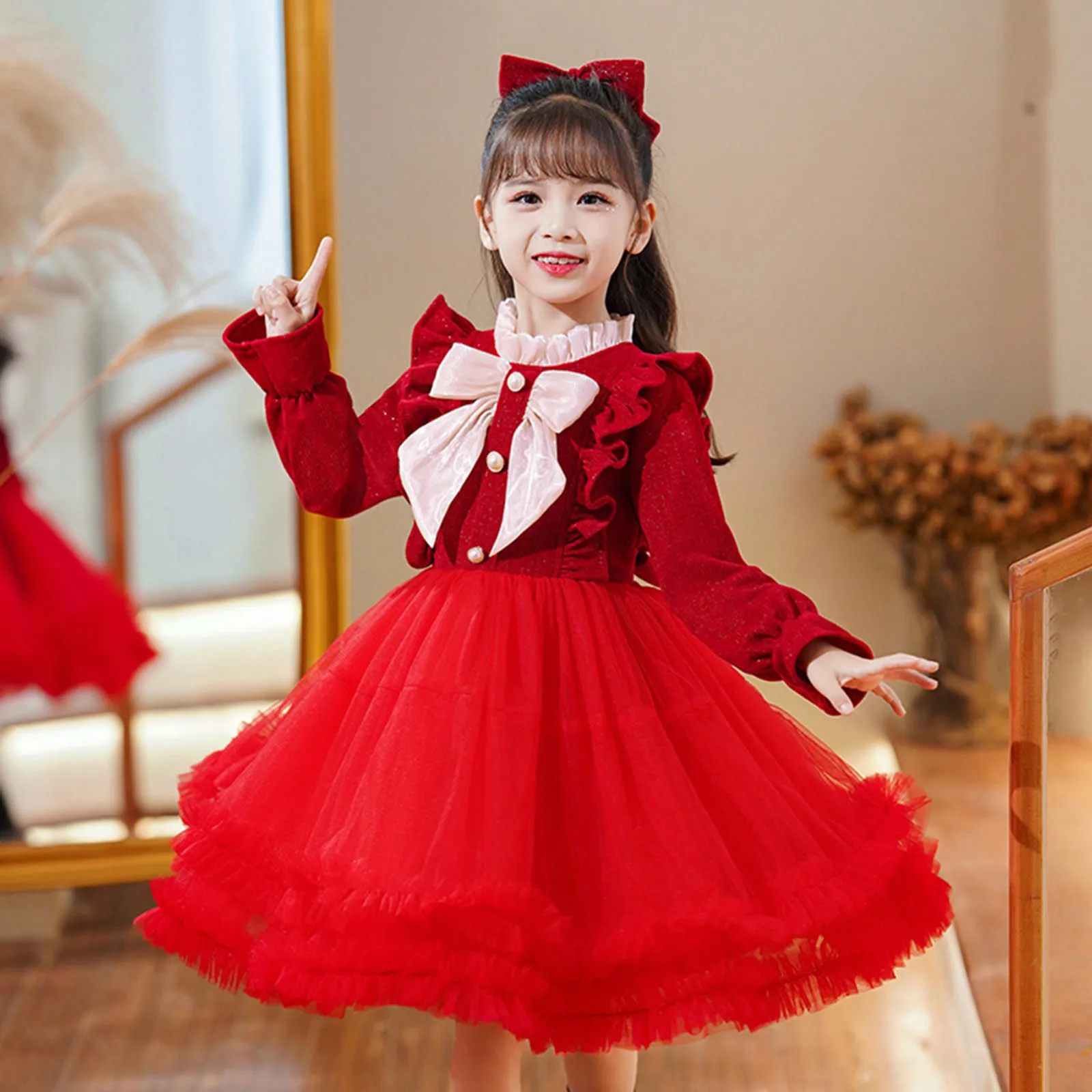 Child Girls New Year Party Ruffles Tulle Dress Festival Party Costume Gown Fleece Warm Dresses