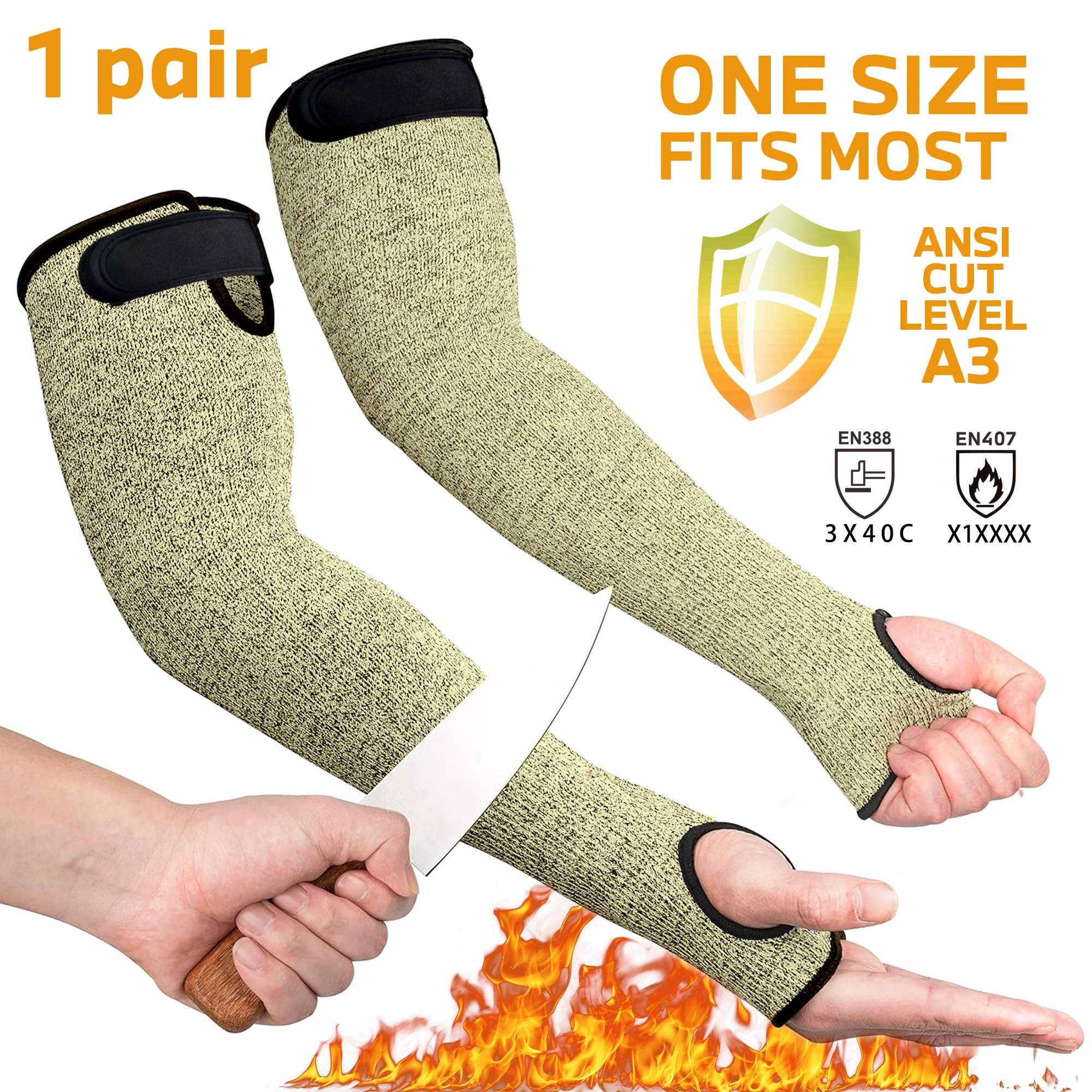 1 pair,anti-cut and flame-proof Kevlar Sleeves with Thumb Hole and adjustable hook and loop, protective arm made with aramid