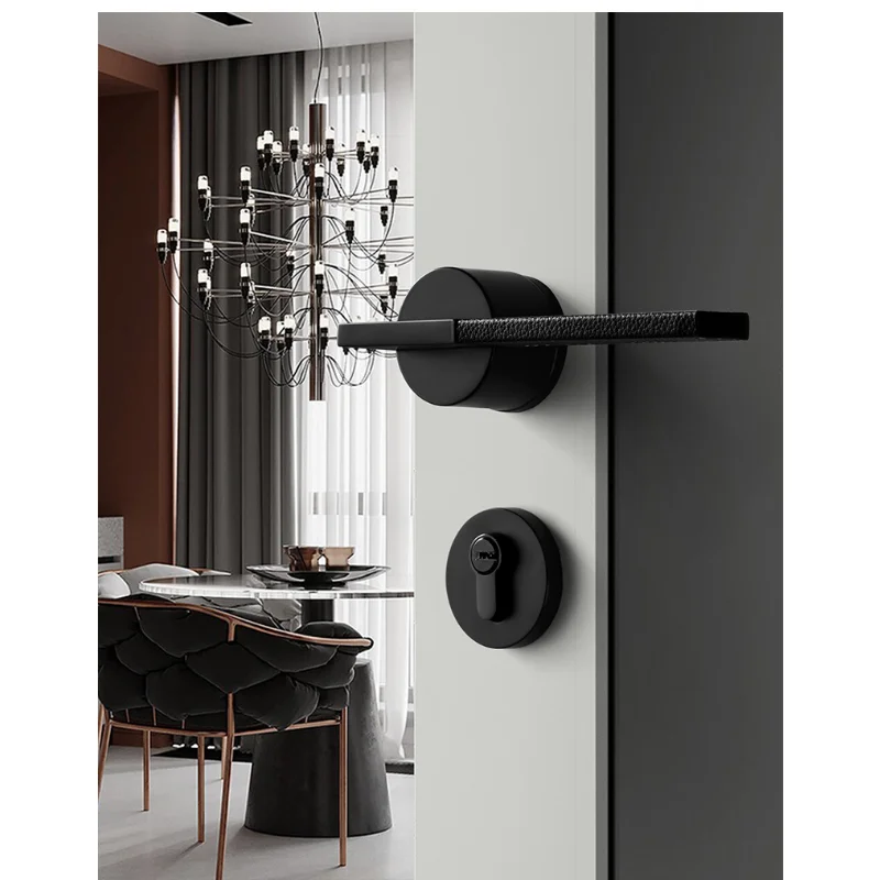 Leather Door Lock Leather Door Handle, Minimalist Light Luxury Interior Mute Black Nickel Split Lock Meeting Room Door Lock