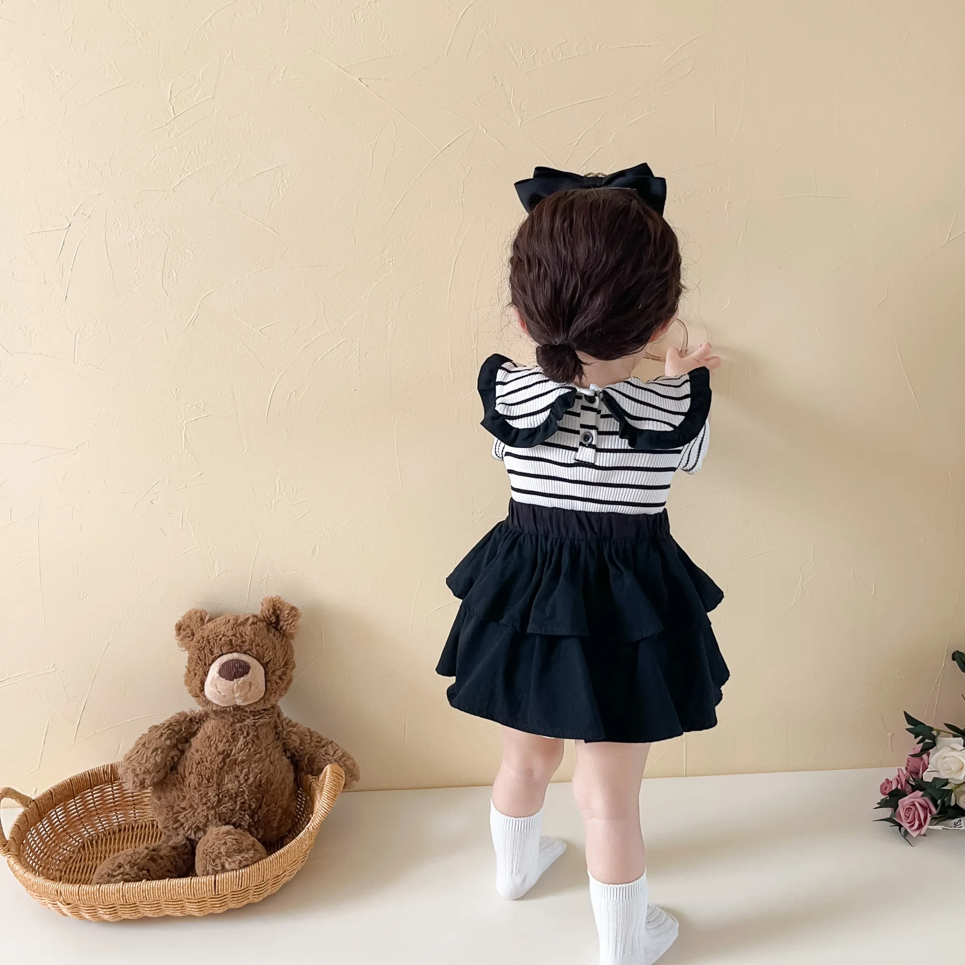 ベビーストライプ服セット,かわいい幼児の女の子,半袖,大きなラペルのトップ,幼児のプリンセススカート,女の子の衣装,夏,新しいコレクション2024