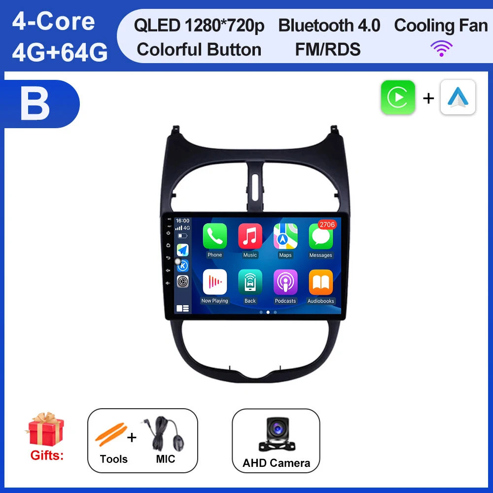 Autoradio Voor Peugeot 206 206SW 206CC 2000-2008 Android 16 Carplay Multimidia Video Player Draadloze Carplay Auto gereedschap Fan - afbeelding 1