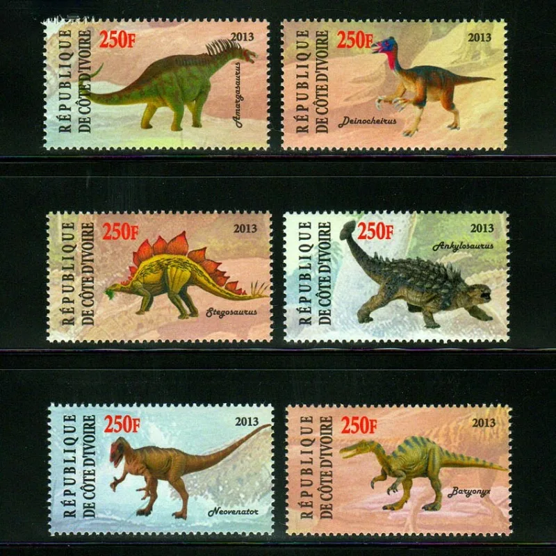 6 PCS, Ivory Coast, 2013, Dinosaur Stamps, Real Original, MNH