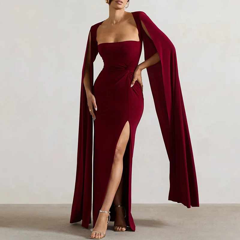 Ladies Square Neck Hollow Long Sleeved Party Dress New Fashion Twist Split Long Dress Elegant Patchwork Solid Color A-line Dress