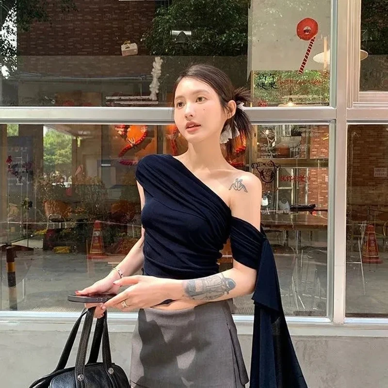 French Sexy Off Shoulder Tee Women Chic Navy Blue Asymmetrical Top Summer Slim Fit Short Sleeve Classic Sweetwear Crop Pullover