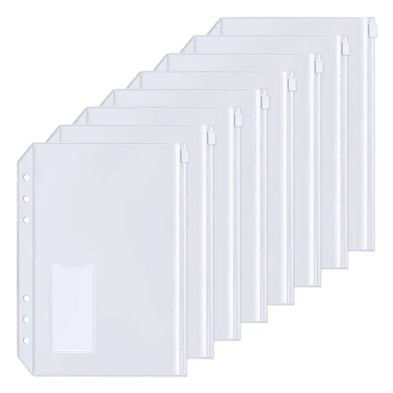 60Pcs A5 Binder Pockets 6-Hole Punched Zipper Binder Pocket With Plastic Zipper Label Pocket For 6-Ring Notebook Binder