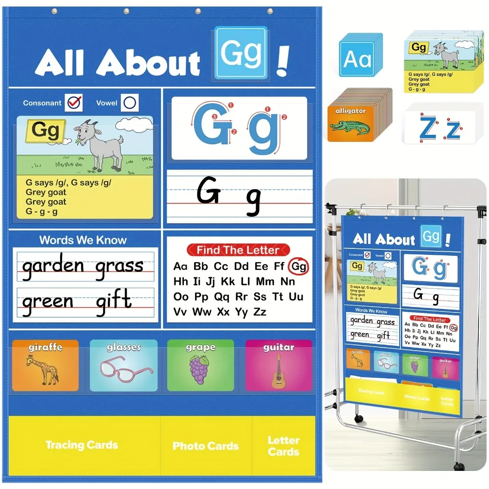 แผนภูมิพ็อกเก็ตตัวอักษรแบบติดผนังสำหรับการเรียนรู้การอ่านเขียนในช่วงต้น |   เครื่องมือการเรียนรู้ ABC แบบโต้ตอบสำหรับเด็ก |   23.23x15.55 นิ้ว
