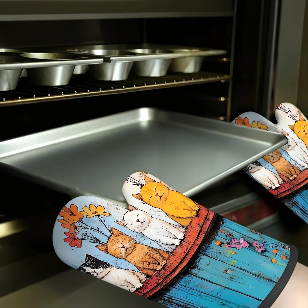 Cat Group Blue Wood Door Print Oven Mitts 2-Pack for Kitchen Baking Home Use Cat Lovers