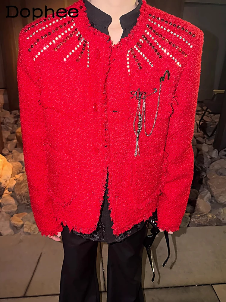 

Fashion Small Fragrant Tweed Jackets Men's 2026 Spring New Chain Diamond Design Chic Coats Tops Light Luxury Round Neck Jackets