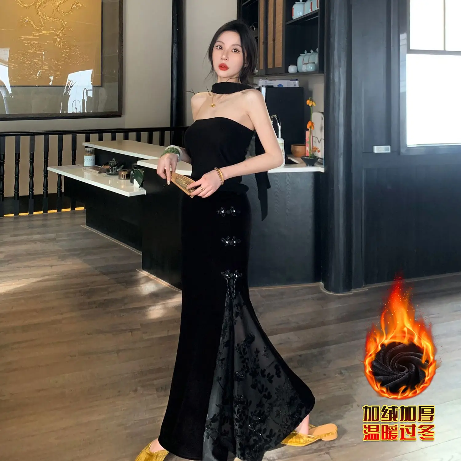 Jupes de Style chinois noir doux Vintage jupe femmes longues jupes droites en queue de poisson pour femmes taille haute haute rue automne TS533