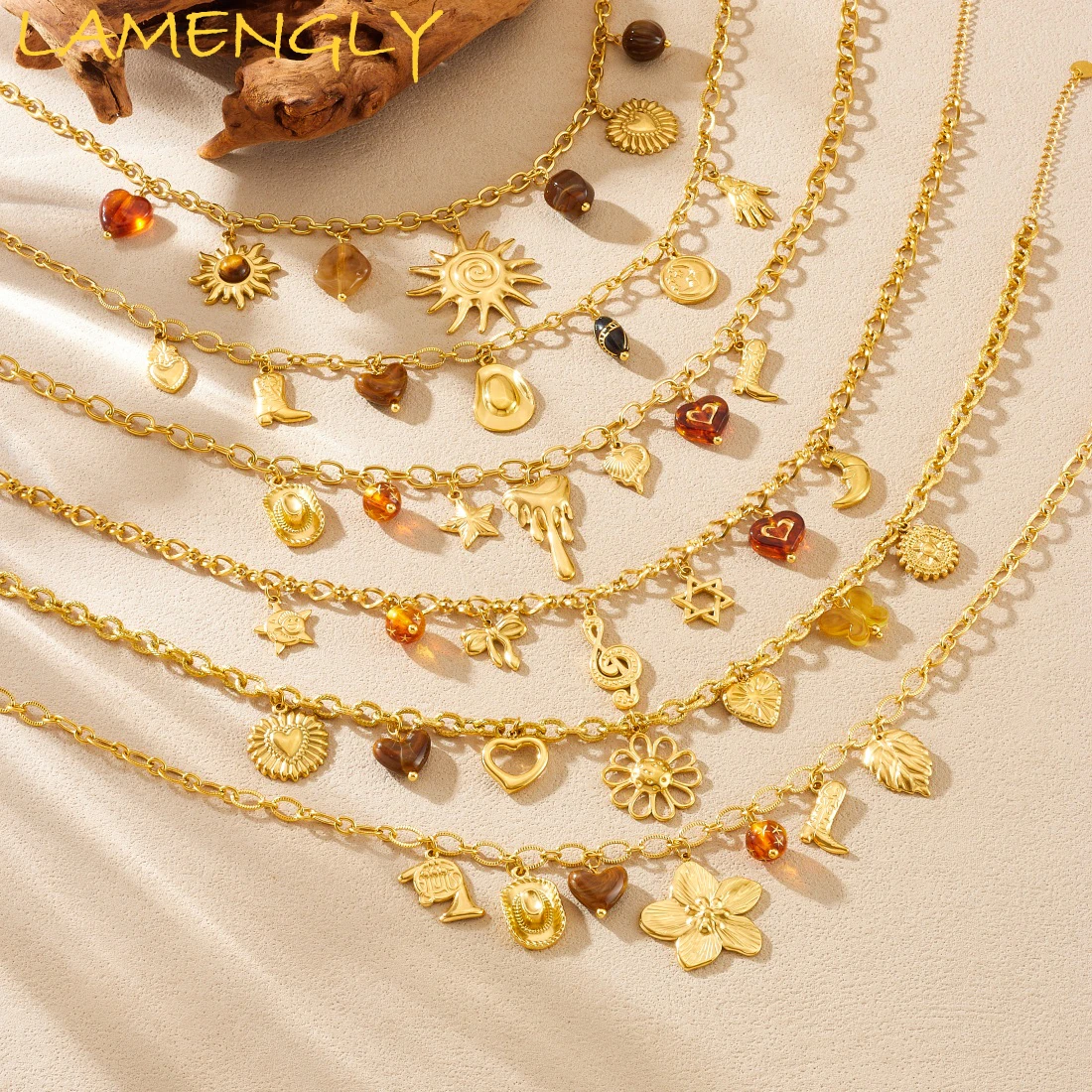 

LAMENGLY 316L Stainless Steel Novel Elements Geometry Sun Heart Hat Note Flower Pendant Necklace Lady Trendy Chic Jewelry Gifts