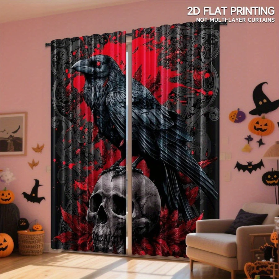 2PCS Digital Printed Curtains, Purple Rose Skull Crow Pattern, Bohemian Style Rod Pocket Drapes for Bedroom Living Room Decor