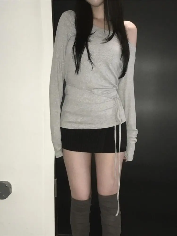 

Deeptown Korean Style Asymmetrical T-shirts Women Off Shoulder Long Sleeve Gray T-shirts Sexy Elegant Sweet Black Lace Up Tops