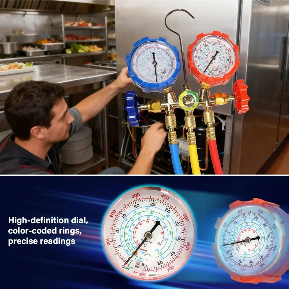 Zestaw 3-mierzyłowy do pomiaru ciśnienia klimatyzacji z profesjonalnym zestawem węży - Kompletny zestaw do testowania i napełniania czynnika chłodniczego R134A R22 R404A R12