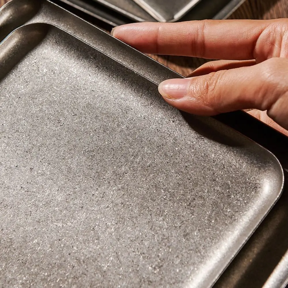304 Stainless Stainless Steel Tray Square Shape Thickened Dinner Plate Vintage Silver Brushed Surface Barbecue Serving Tray