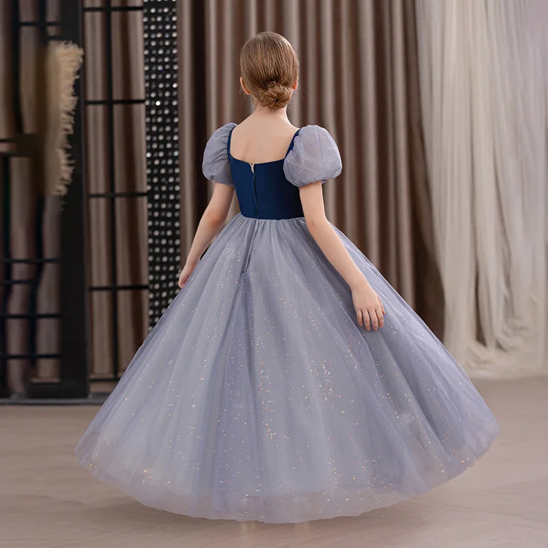 Summer New Girl's Sparkling Bubble Sleeve Long Princess Dress Graduation Ceremony Dress Solid Color Puff Skirt
