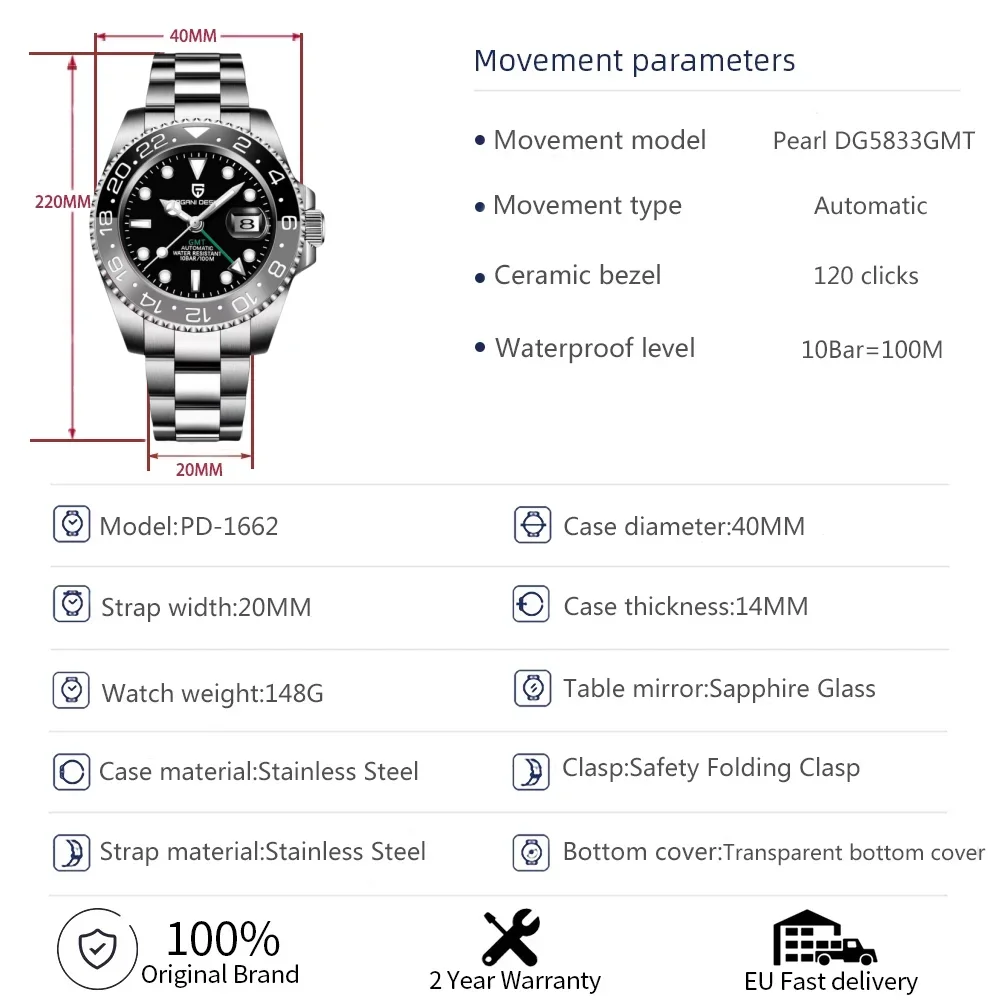 PAGANI DESIGN Top Brand New Men Mechanical Watches Sapphire Glass PD-1662 GMT Watches 100M Waterproof Automatic Watch for Men