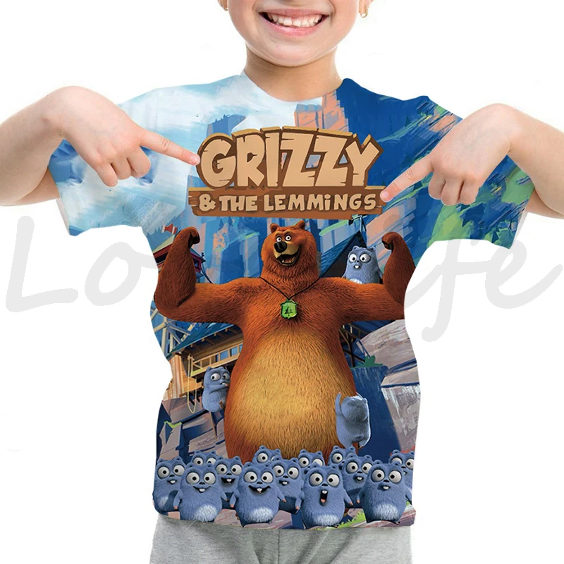 Kids Sunlight Grizzly Bear T-shirts Toddler Summer Short Sleeve Tshirt GRIZZY AND THE LEMMING Print T-shirt Boys Girls Tee Tops