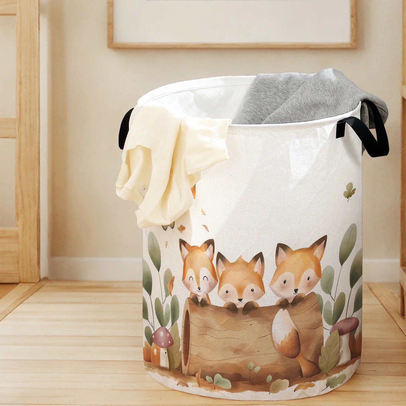 Watercolor Style Fox Log Pattern Foldable Large-Capacity Storage Basket, for Kids' Toys and Clothes, Home & Bathroom Use