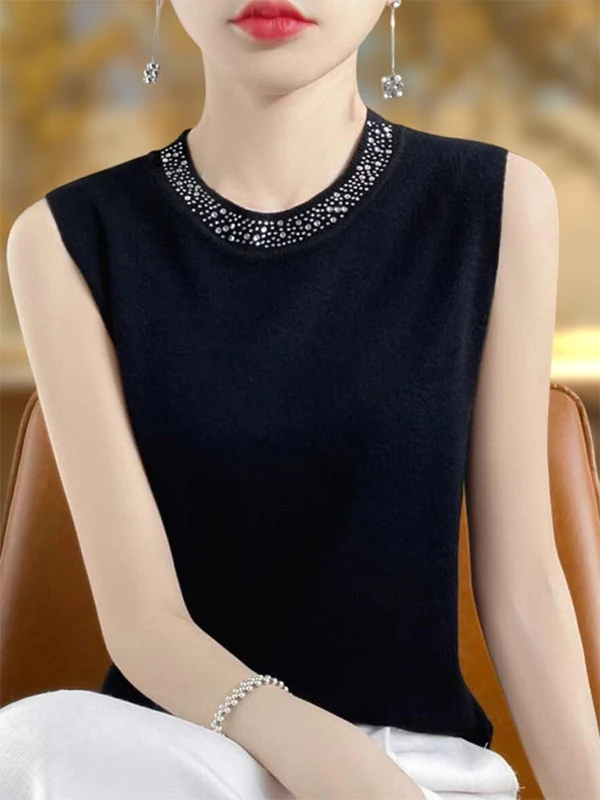 

Женский вязаный жилет Bla round Ne Svel: Новинка весеннего сезона, модный базовый топ с U-образным вырезом и алмазной отделкой