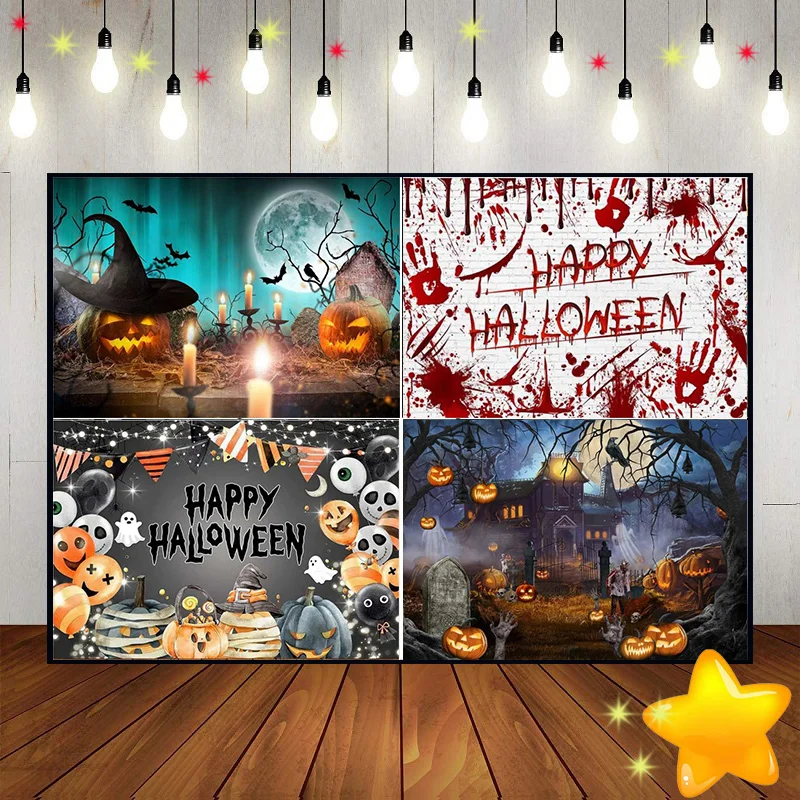 Halloween Goblin Photography Backdrops Background Bat Lantern Photo Full Moon Birthday Decoration Rustic Wood Custom Backdrop