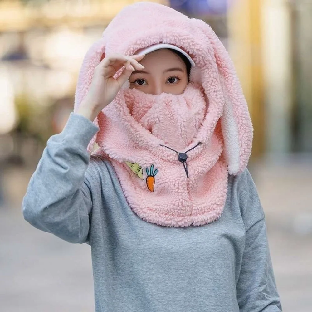 Windproof Fleece Balaclava Hat Fleece Material Full Face Coverage Full Face Cover Long Bunny Ear Design Neck Gaiter