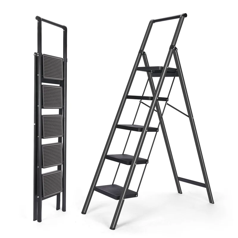 

5-step folding ladder with anti slip pedals, lightweight portable ladder, aluminum footstool suitable for home kitchen