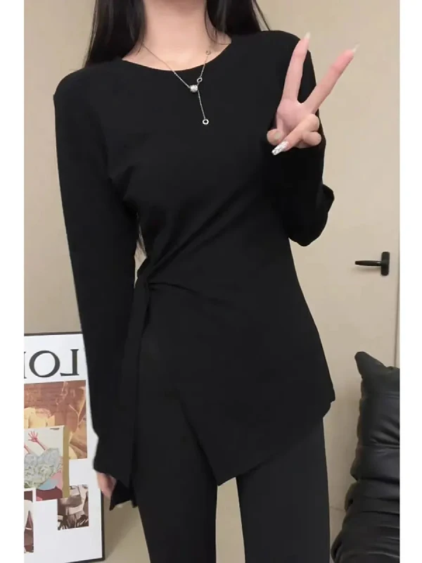 

Облегающая футболка с длинным свеком, женская осенняя уникальная футболка, модный простой дизайн, необычный Sle для поездок на работу, подходит круглый, чистый цвет