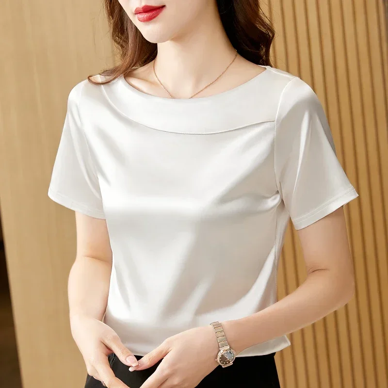 Satin Women Blouse T-shirt Skew Collar Blouses Summer Short Sleeve Womens Tops Solid Elegant Women Clothing OL Shirts for Women