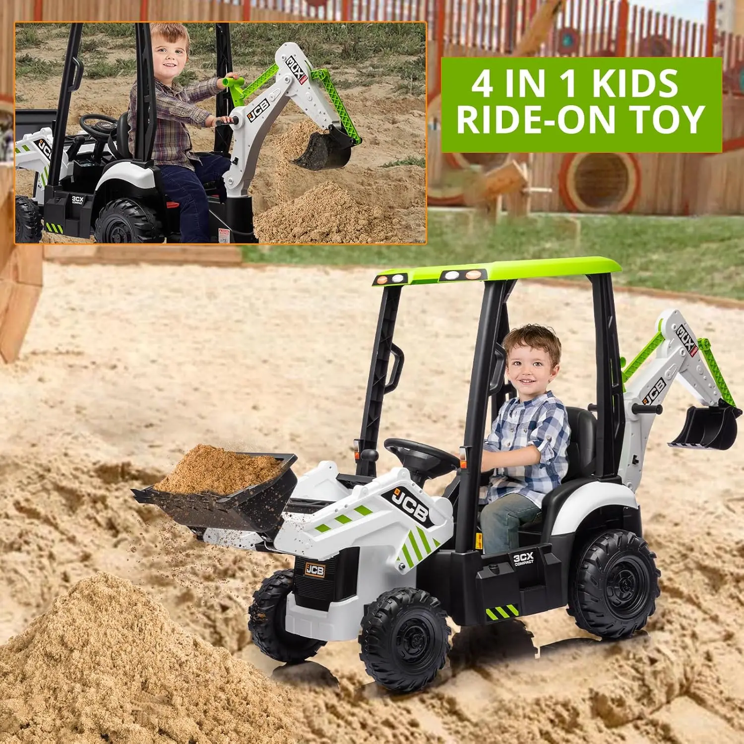 Macchinina giocattolo con terna elettrica JCB da 12 V, escavatore alimentato a batteria e giocattoli per veicoli da costruzione con pala gommata con telecomando