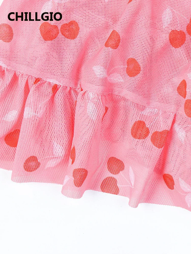 CHILLGIO Summer Dresses 2025 Mesh Women Print Erotic Sheer Hollow Out Strappy Dress Sexy Thong Sweetcute Mini Dresses Pajamas