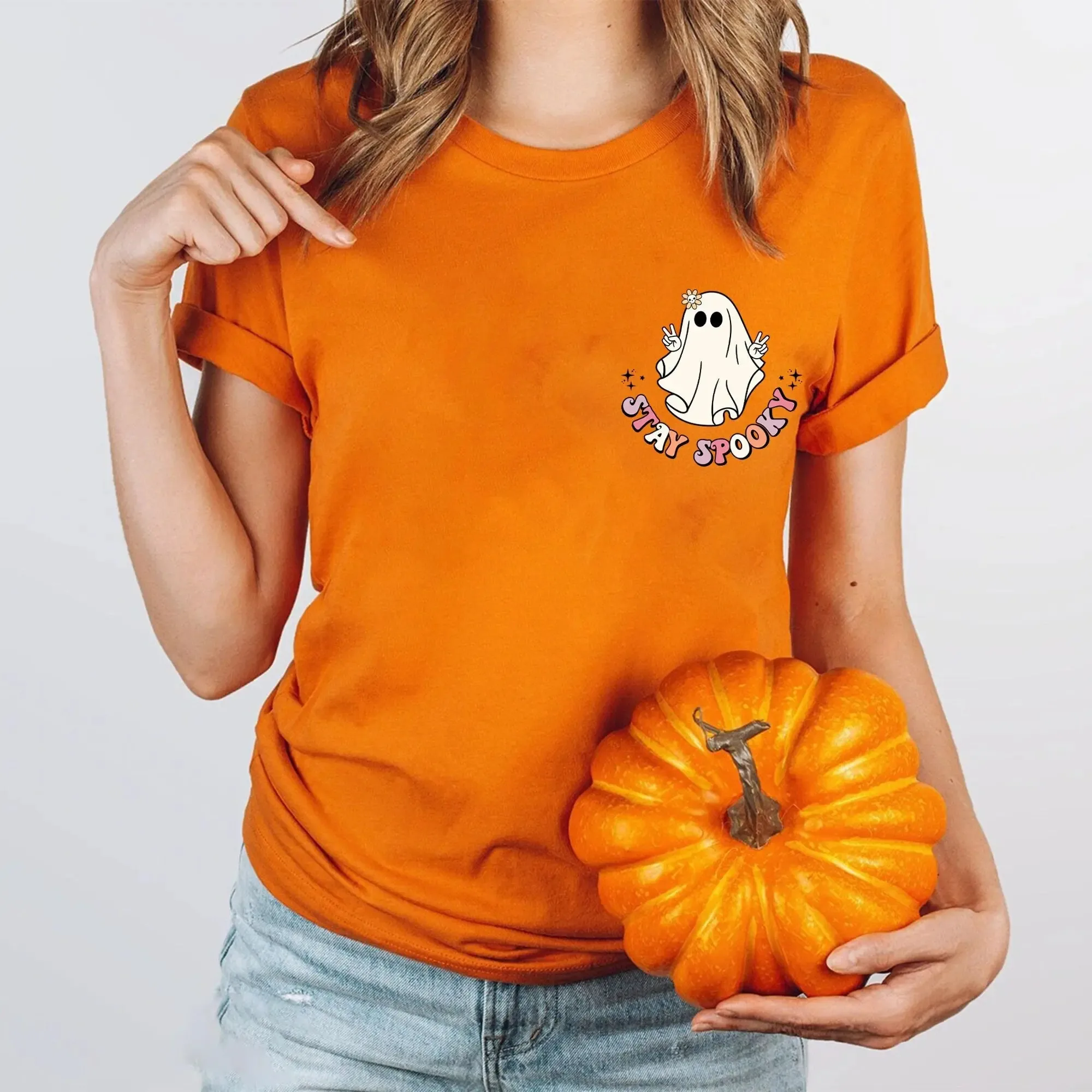 Stay Spooky Pocket T Shirt Halloween Pumpkin Season Fall Vibes Women