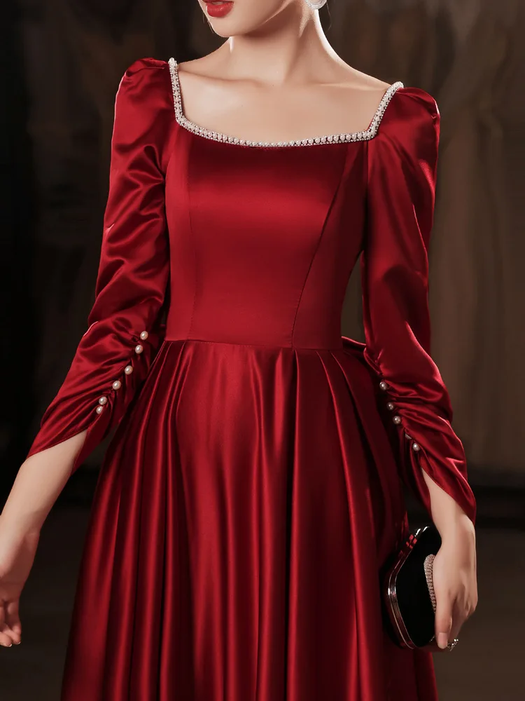 Elegant Square Neck Long Sleeve Evening Dress Burgundy Satin Back Big Bow Sweet Princess Empire A-line Long Homecoming Gonws