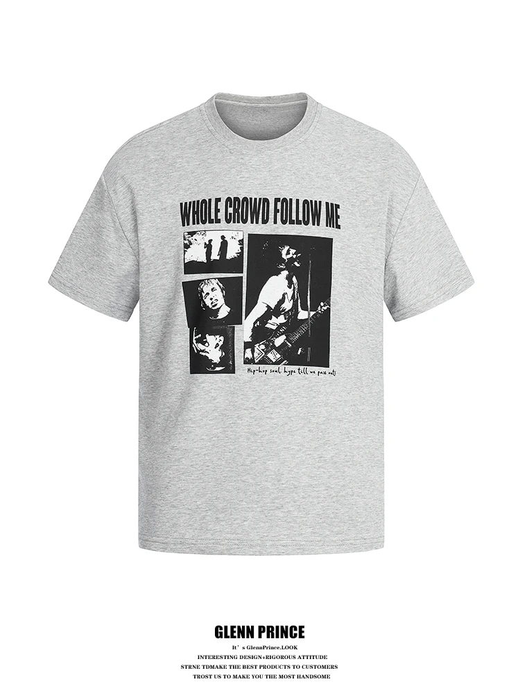 

GPstudio American Retro Band Print Short Sleeve T-Shirt Men's Summer Loose Fashion Top Breathable Cotton Polyester Blend